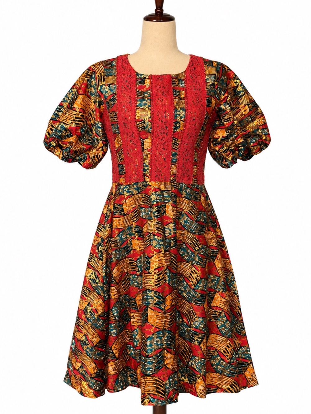 Vintage African Nigerian Multicolor gold metallic Puff-Sleeve dress-6